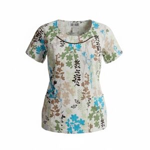 Cherokee Body Butterfly Floral Scrub Top Blue Green Stretch Cinched Back - Small
